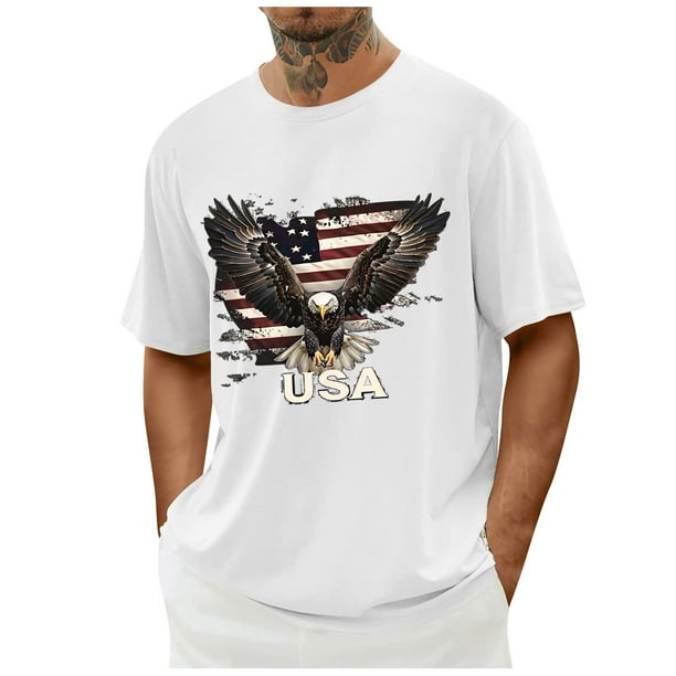 Tops para hombre, blusas y camisas de cuello redondo y manga corta para hombre. Top/camisa de cuello redondo y manga corta con estampado del Día de la Independencia para hombre. Tops para hombre.