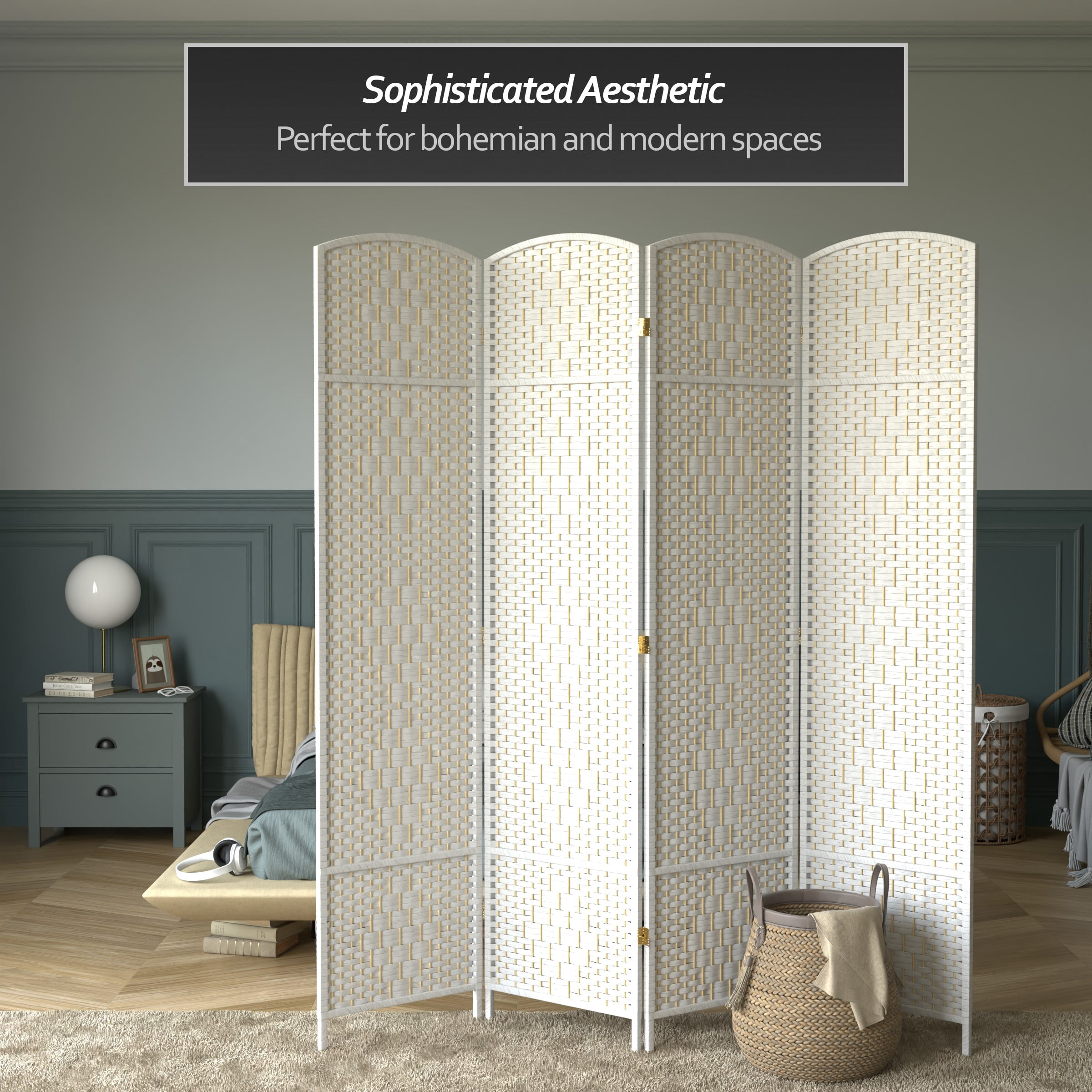 7 ft. Tall Rattan Fiber Diamond Weave Privacy Screen Room Divider - White - 4 Panels
