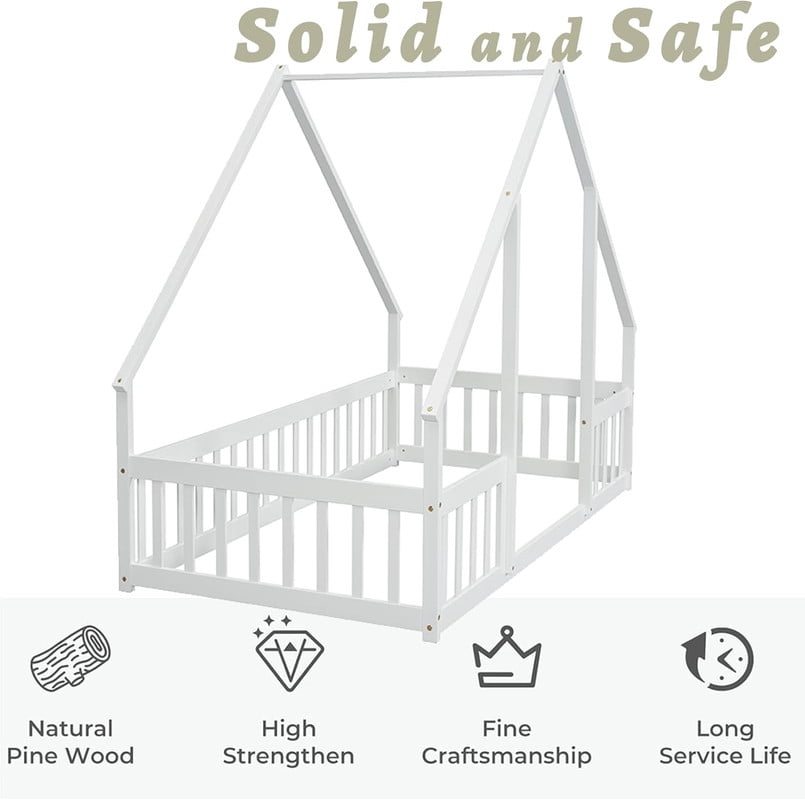Duxelifin Twin Size House Floor Bed Frame with Triangular Roof and Fence Rails, Wooden Floor Bed Frame Girls,Boys, Montessori Floor Bed, Easy Assembly（White）