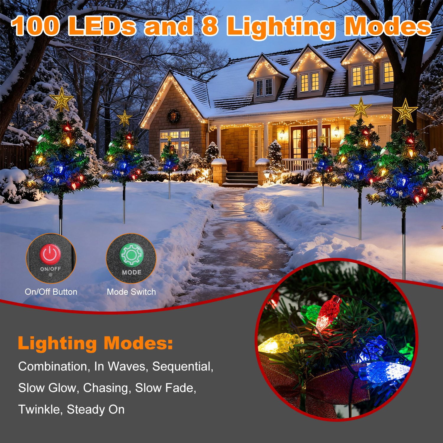 Astoutdoor Solar Christmas Tree Lights, 2 Pack, 37.4 in, 100 LED, 4 Colors, 8 Modes, IP44 Waterproof Outdoor Pathway Decor with Ornaments