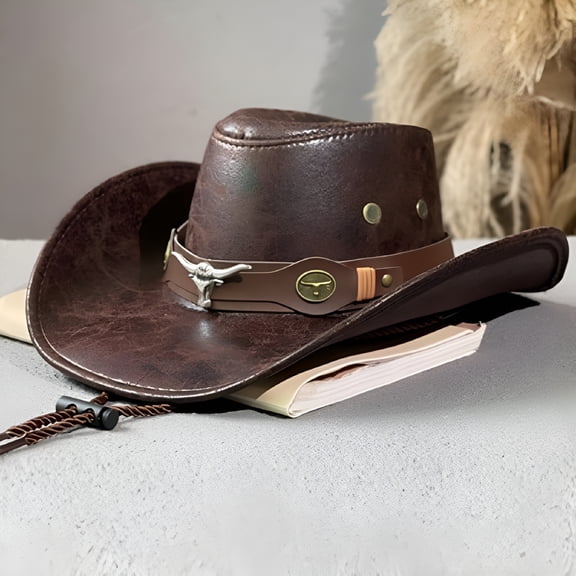TELOLY 2026 New Vintage Western Cowboy Hat Ox Head Belt Rivet Fedora Hats for Men Women for Outdoor,Travel,Festival,Beach Wide Brim Faux Leather Cowgirl Sun Caps