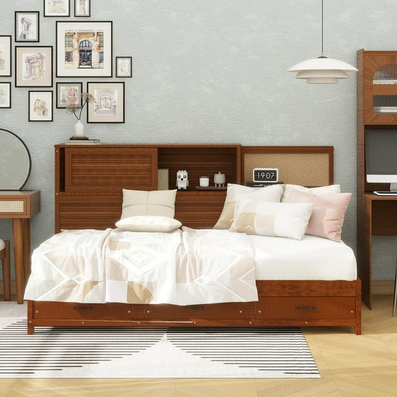 Twin Size Wooden Daybed with 3 Storage Drawers, Upper Soft Board, shelf, and a set of Sockets and USB Ports, Walnut