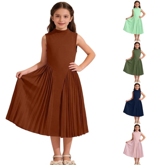 LIIPEE Girls Summer Long Dress Kids Solid Color Sleeveless Cute Comfortable A Line Flowy Party Pleated Dresses,9-10 Years