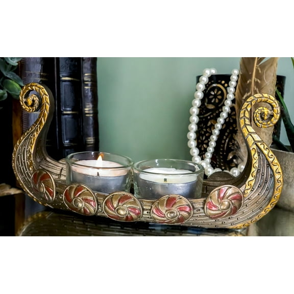Ancient Viking Fjord Norseman Oseberg Longship 2 Votives Candle Holder Figurine