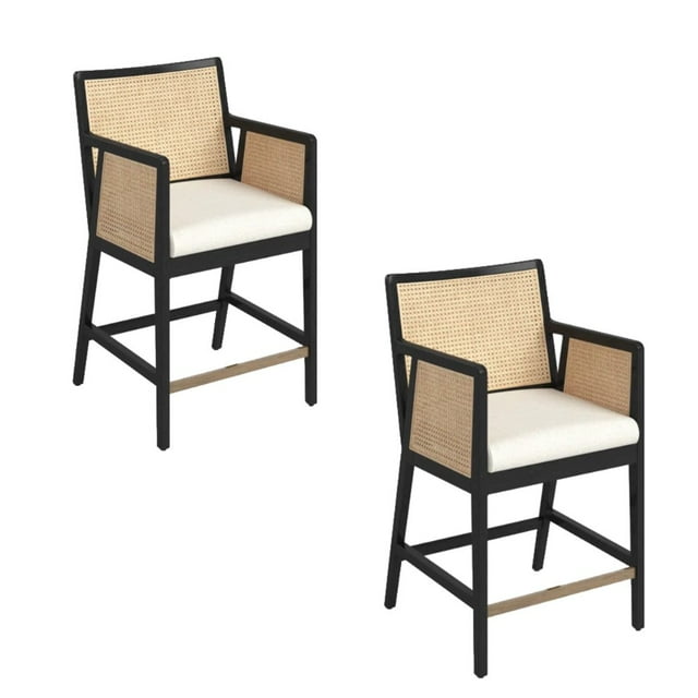 Pedra Counter Stool with upholstered seat, black solid wood frame, and hexagon rattan cane details SET OF 2