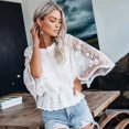 thumbnail image 5 of Women Lace Embroidered Blouse Batwing Short Sleeve Peplum Loose Casual Top White S, 5 of 7