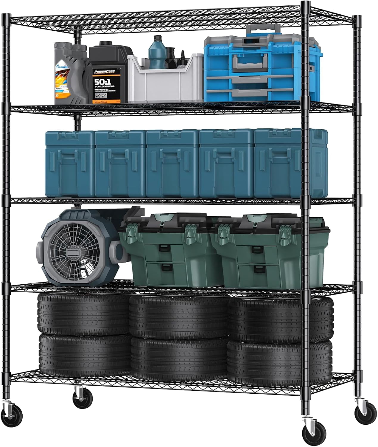 Sailvan 5-Tier Heavy Duty Wire Shelving Unit with Wheels, 48"W x 24"D x 82"H Metal Storage Rack, 3250LBS Capacity, Adjustable Garage Shelves,Black