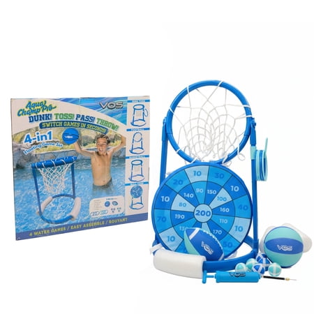 VOS Aqua Champ Pro 4-in-1 Floating Swimming Pool Game Set|Basketball Hoop, Football Toss & Ring Toss for Pool | Inflatable Water Sports Toys for Kids & Adults|Summer Outdoor Backyard Pool Party Games