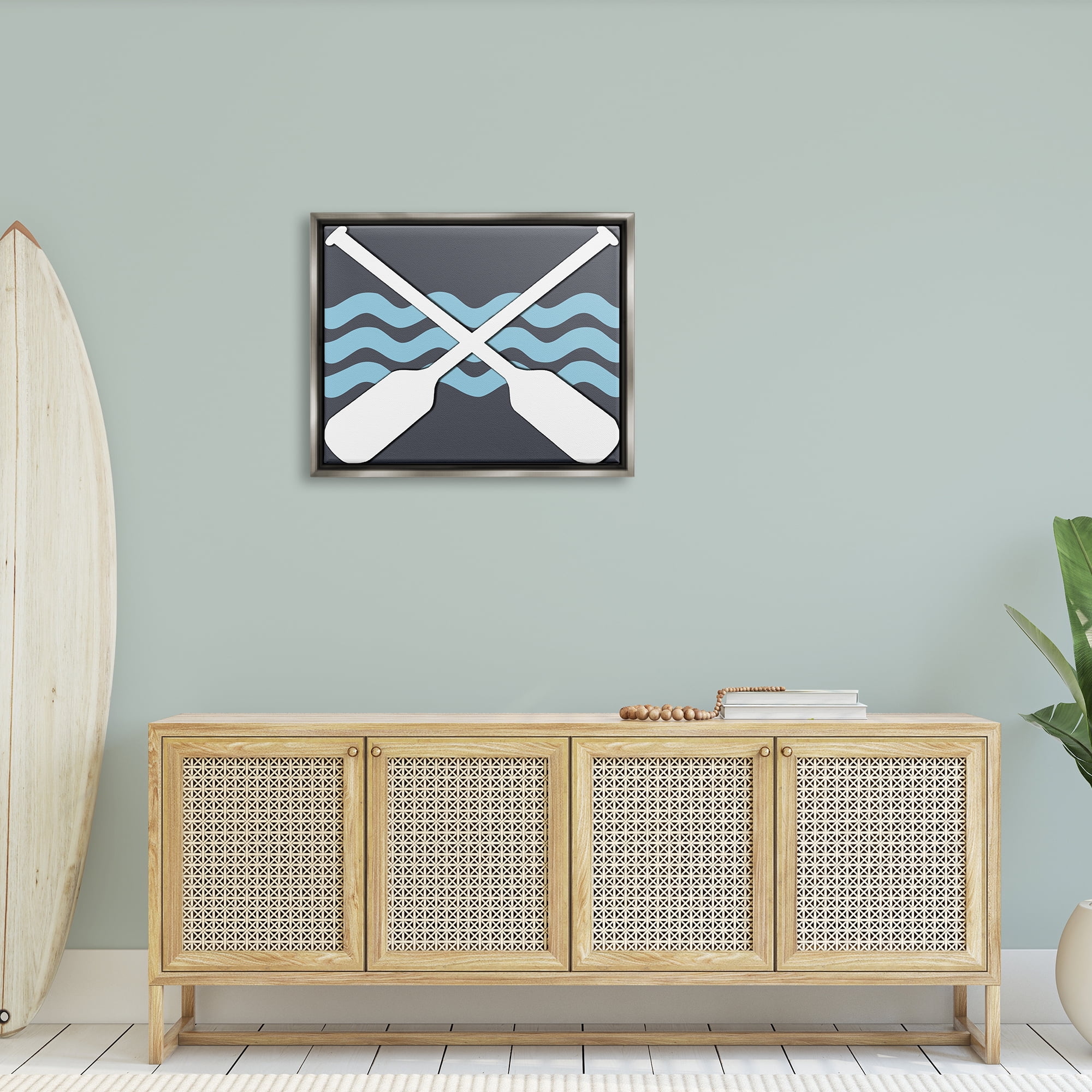 Stupell Crossed Boat Oars Sea Waves Landscape Painting Gray Floater Framed Art Print Wall Art