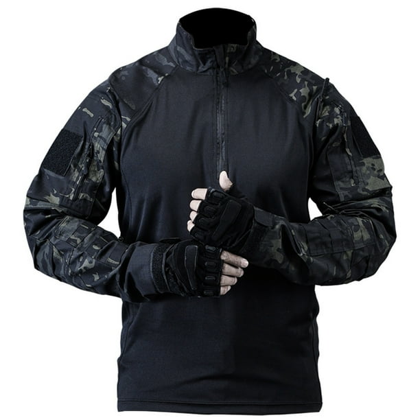 Blusa y camisa de cuello alto de manga larga para hombre, blusa de uniforme con cremallera y bolsillos de camuflaje para hombre, blusa de poliéster para hombre