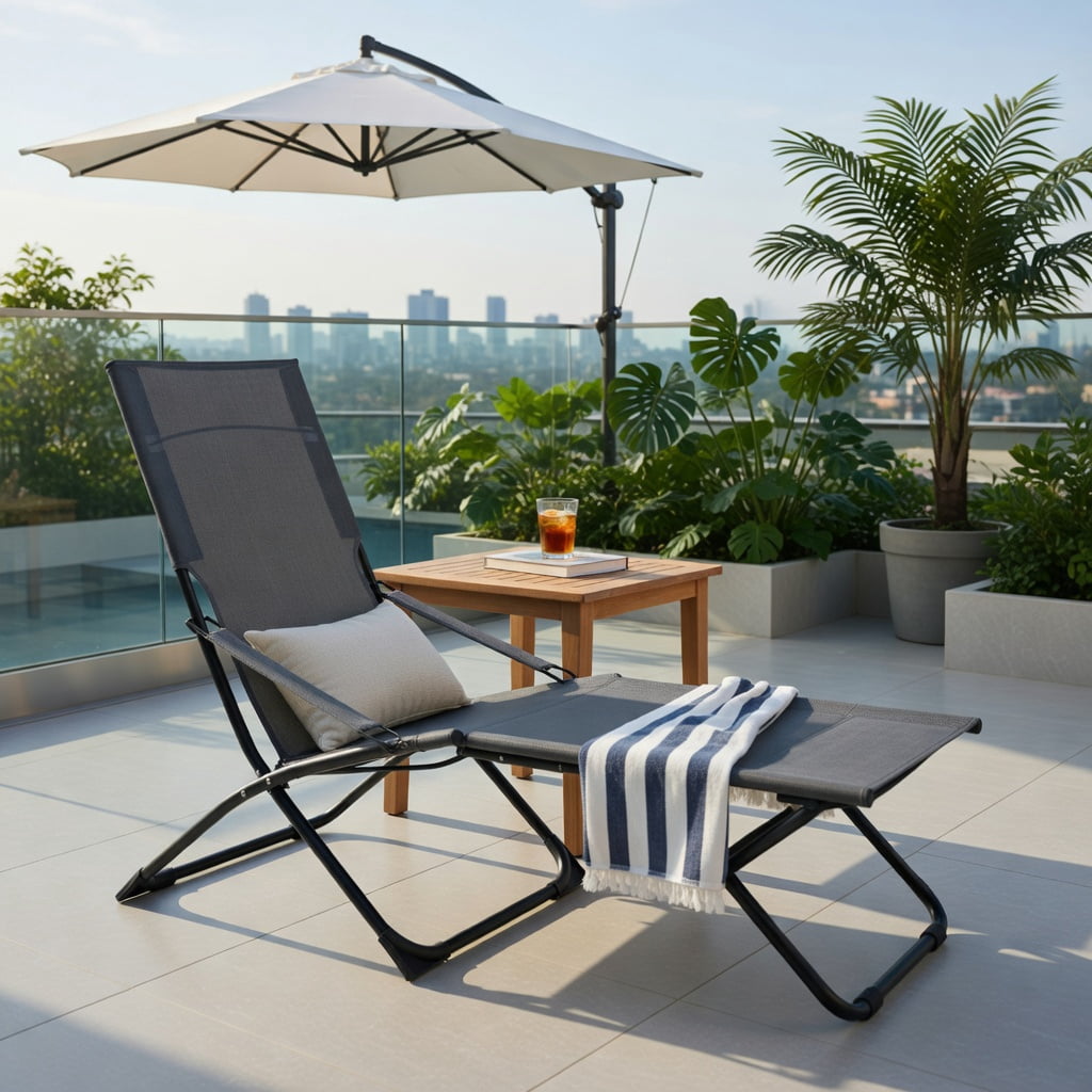 Hommoo Folding Sling Patio Chair with Ottoman Footrest & Removable Cushion, Weather-Resistant Outdoor Lounge Set for Backyard, Balcony, Poolside, Gray