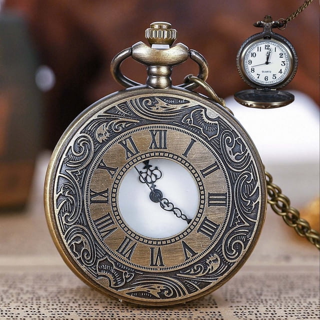Vintage Pocket Watch For Men Women Roman Numerals Quartz Black Pocket Watches With Chain