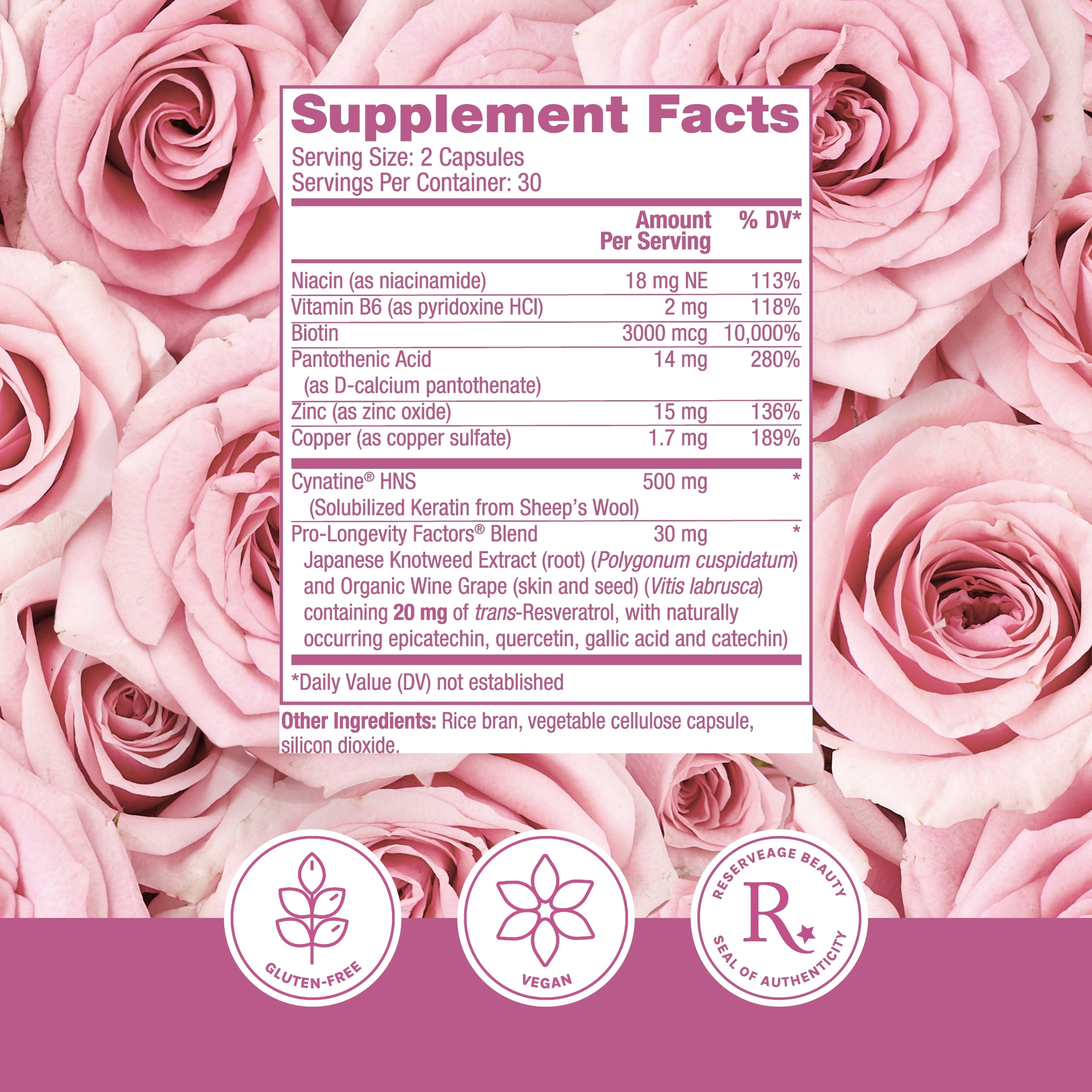 Reserveage Nutrition Keratin Hair Booster with Biotin and Resveratrol 60 Caps