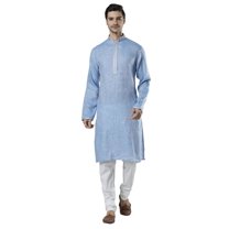 Ethnix Men's Embroidered Banded Collar Pure Linen Indian Kurta Tunic Pajama Set; Sky Blue; MD