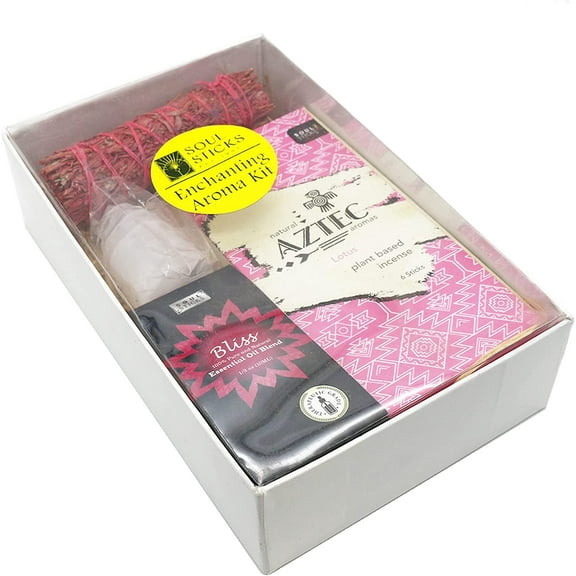 Soul Sticks Pink Enchanting Aroma Kit Gift Set Box | Color and Fragrance Themed Kit with Aztec Incense Sticks, Essential Oil Blend, Scented Sage and 2" Selenite Tower