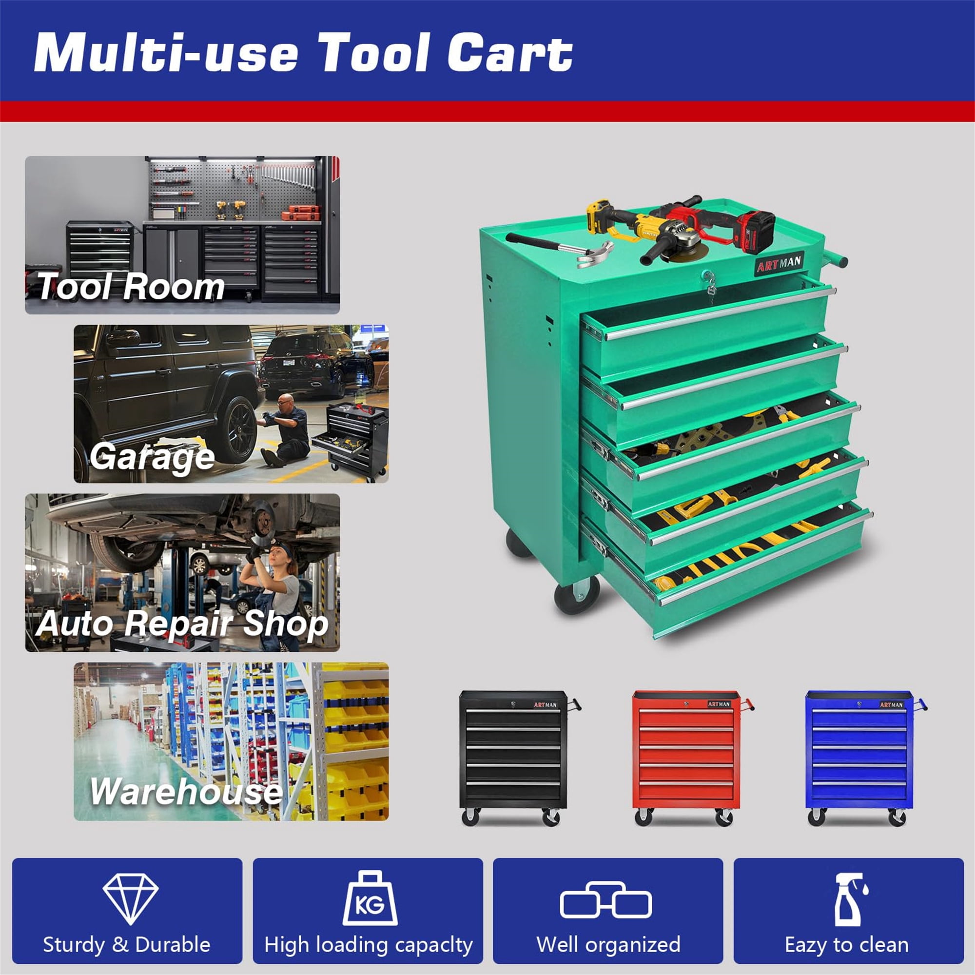 Aukfa Tool Chest, 5-Drawer Steel Rolling Tool Box on Wheels for Workshop Garage, Green