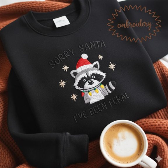 Sorry Santa I've Been Feral Embroidered Shirt, Merry Christmas Embroidery Tee, Funny Raccoon With Santa Hat Embroidered Top, Xmas Embroidery