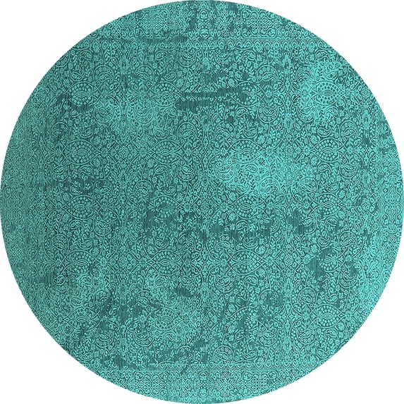 Ahgly Company Machine Washable Indoor Round Oriental Turquoise Blue Industrial Area Rugs, 6' Round