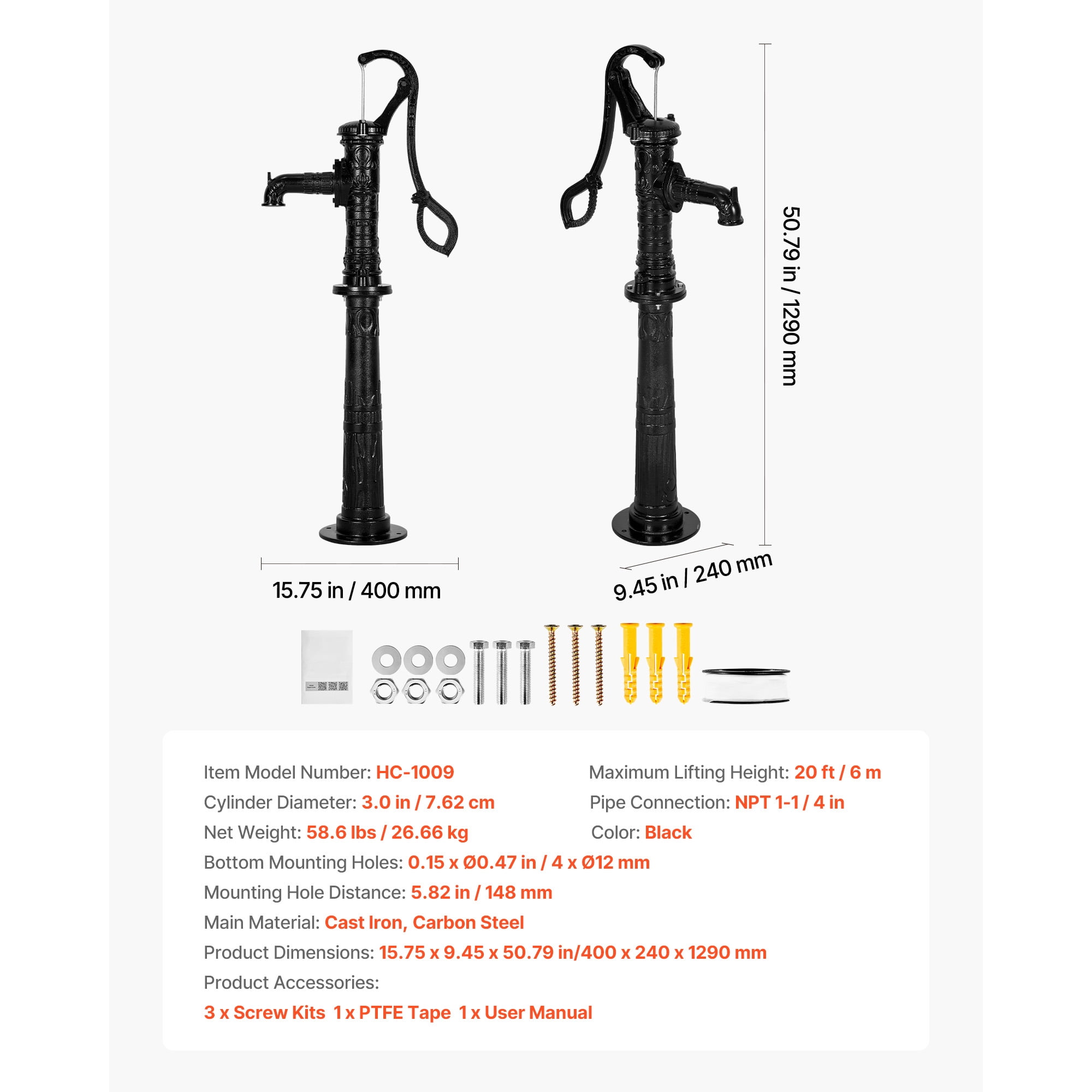 KFFKFF Cast Iron Hand Well Pump  with Base, 20 ft Max Lift, Antique  Manual Water Pump with NPT 1-1/4 in Connection, Decorative Pitcher Pump  for Gardens, Ponds, Yards, and Farms, Black