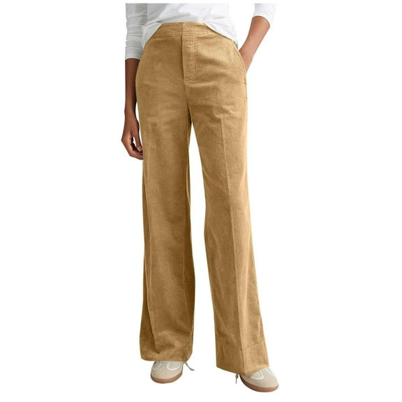 Lenpel Corduroy Pants for Women Comfy Warm Elastic High Waisted Wide Leg Work Pants Business Casual Trousers with Pockets(Khaki,X-Large)