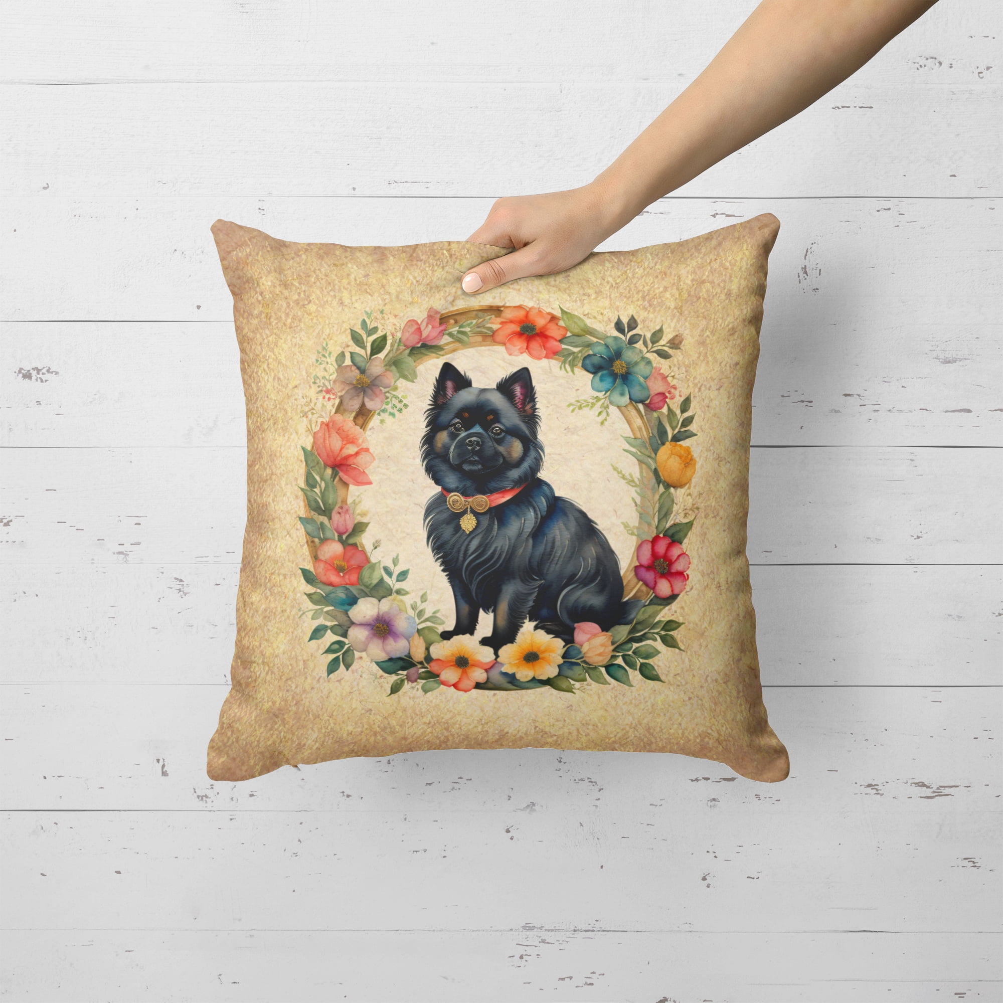 German Spitz and Flowers Fabric Decorative Pillow 18 in x 18 in