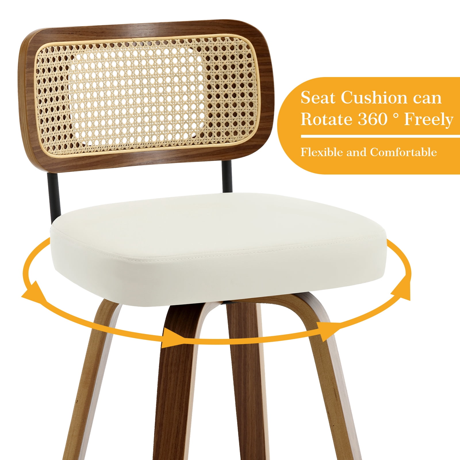 Foreate Swivel PU Bar Stools, Set of 2, 29" Bar Height Upholstered Leather with Rattan Back Wood Legs, Modern Chair Island Counter Stool for Kitchen, Cream White