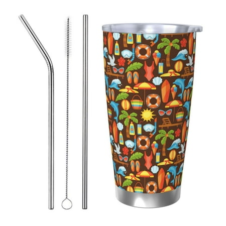 

KLL Cute Beach Dolphin Print 40oz Stainless Steel Insulated Car Cup with Spillproof Lid - Keep Your Drink Hot or Cold on the Go-Straw Three-piece Set