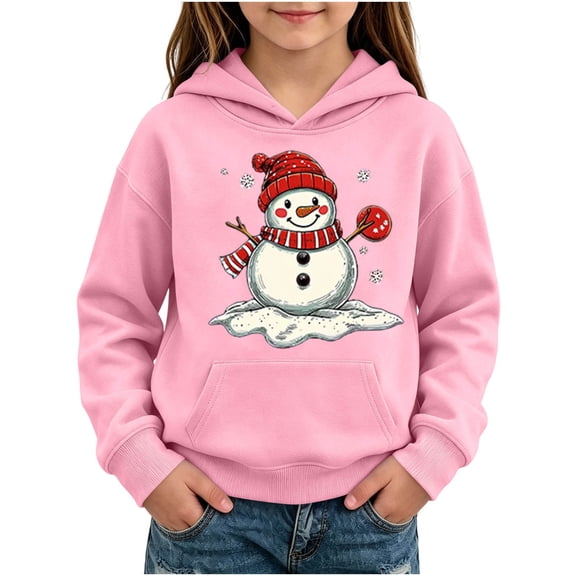 Gaxelrn Girls Christmas Hoodie Pink Kids Snowman Winter Fleece Pullover Sweatshirt Long Sleeve Holiday Graphic Top,Size 7-8T