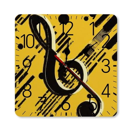 RKSupls 10×10inch Square Silent Wall Clock Wooden Frame, Treble Clef Yellow Music Scale Decorative Clock for Home Bedroom Living Room Office
