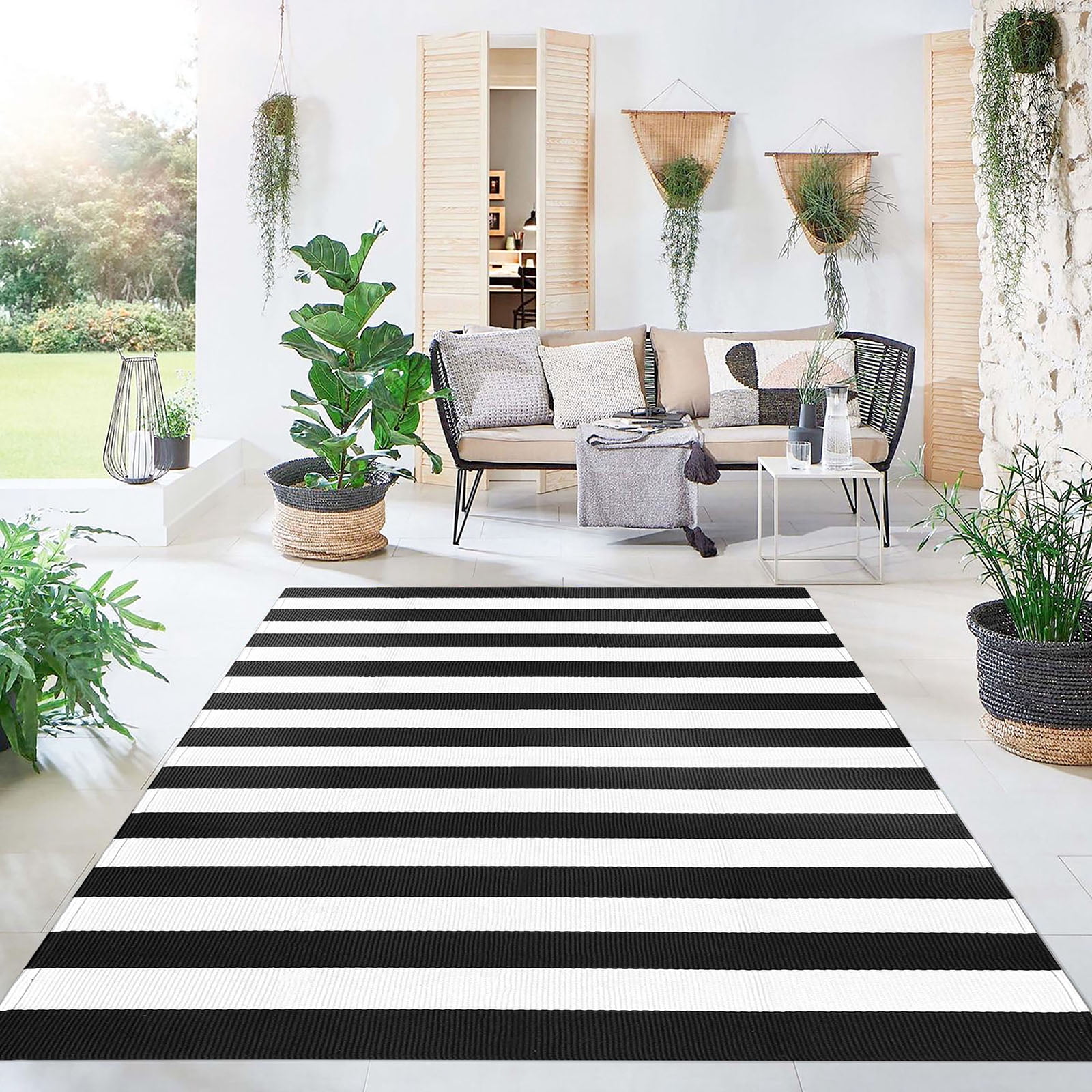 iOhouze Outdoor Area Rugs Black and White Striped Outdoor Rug 5x7 ft Washable Area Rug Indoor Outdoor Cotton Striped Rugs Large Floor Carpet for Garden Patio