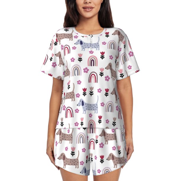 Balery Cute Dog Conjunto de Pijama para Mujer con Estampado, Dos Piezas de Manga Corta y Shorts, Ropa de Dormir Suave con Cuello Redondo y Bolsillos-Large