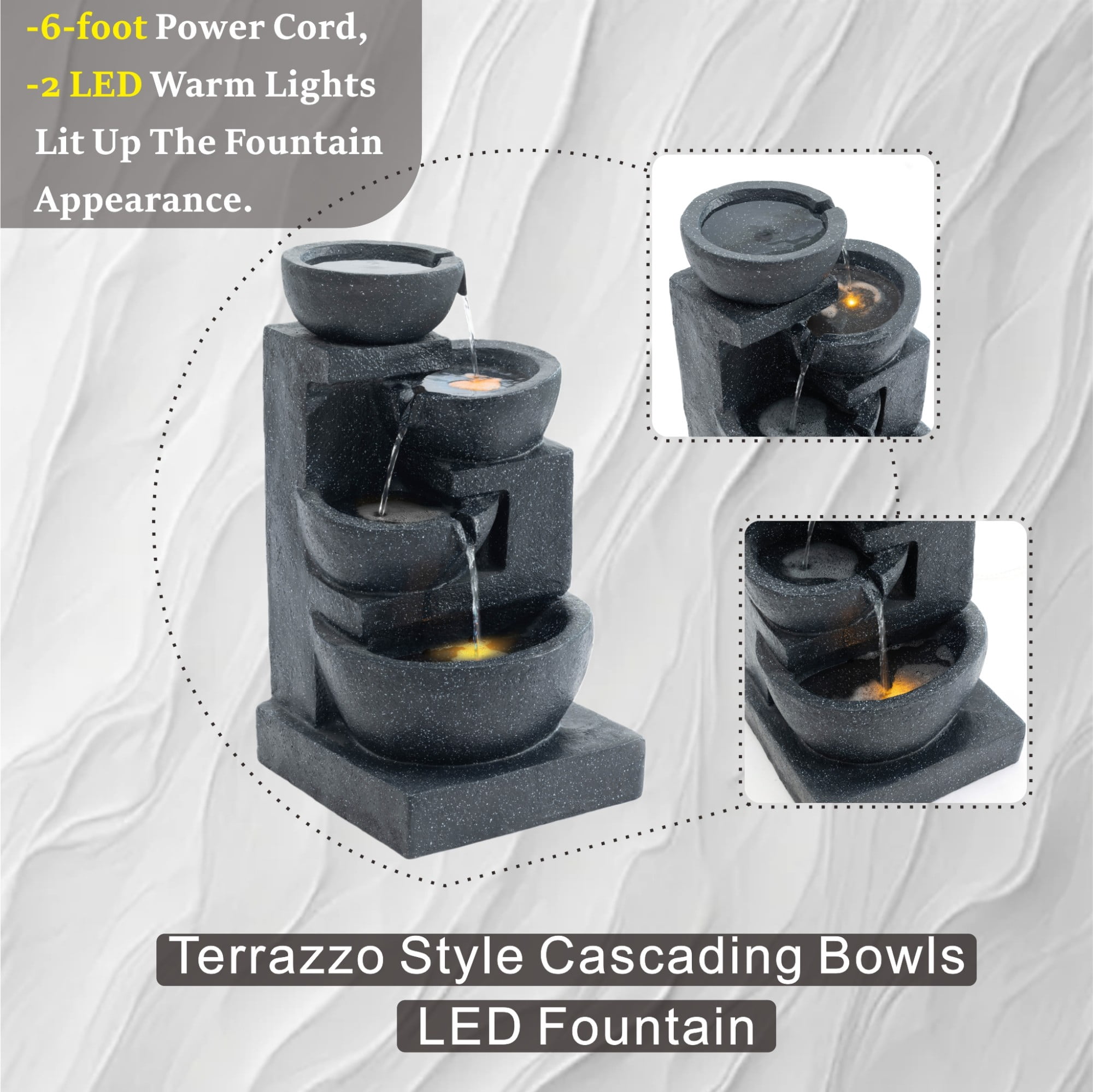 BOFANG Cascading Terrazzo Style Fountain – Soothing LED Waterfall for Home & Patio