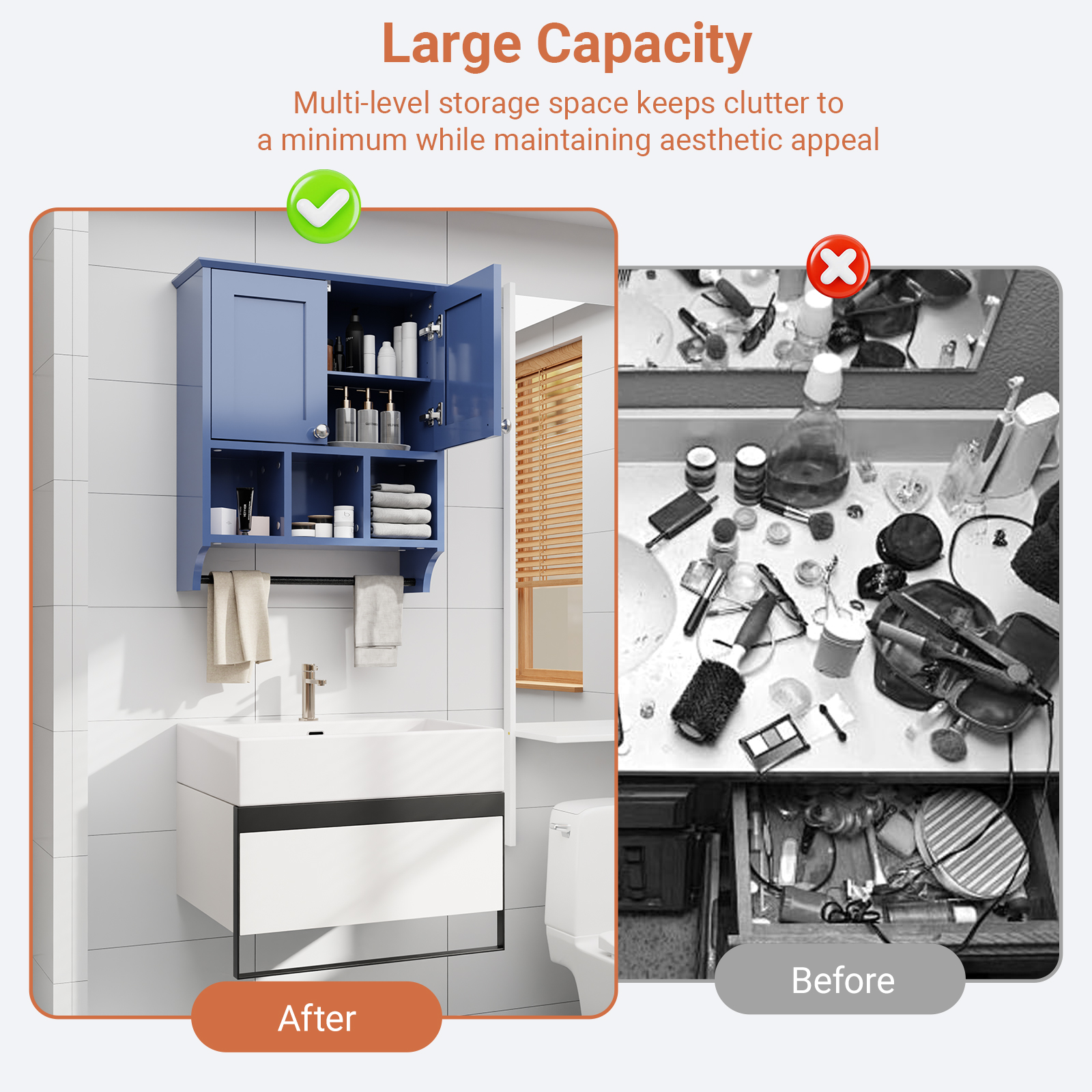 KZElegy Bathroom Medicine Cabinet Wall Mounted 2-Door with 3 Open Shelves, Over The Toilet Storage Cabinet with Towels Bar for Toilet,Blue