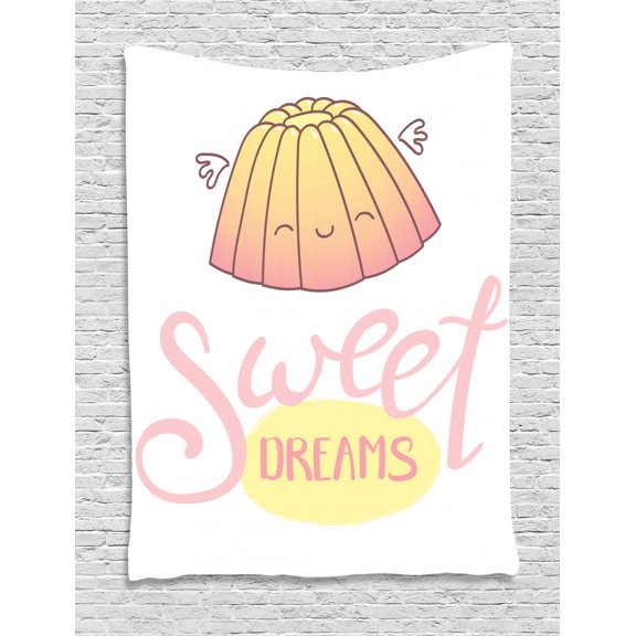 Sweet Dreams Tapestry, Cute Sleeping Jelly with Wings Design Hand Lettering Calligraphy Dessert Theme, Wall Hanging for Bedroom Living Room Dorm Decor, 60W X 80L Inches, Cream Pink, by Ambesonne