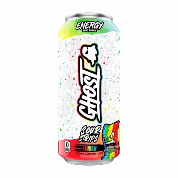 GHOST® ENERGY Zero Sugars Energy Drink, Sour Strips Rainbow Candy, 200 mg Natural Caffeine, 16 fl oz Can