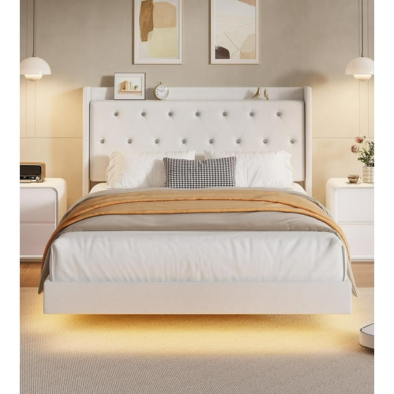 Queen Size Bed Frame with LED Lights, Modern Floating Bed Frame with Storage, Velvet Upholstered Headboard with Wingback for Apartment, White