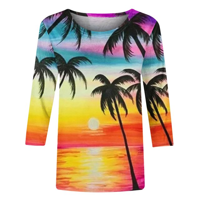 Gibobby Blusa Casual de Mujer Nueva camiseta manga 7 puntos para mujer Hawaii Beach Cocotero Impresión 3D Cuello redondo Tendencia(Naranja,XL)