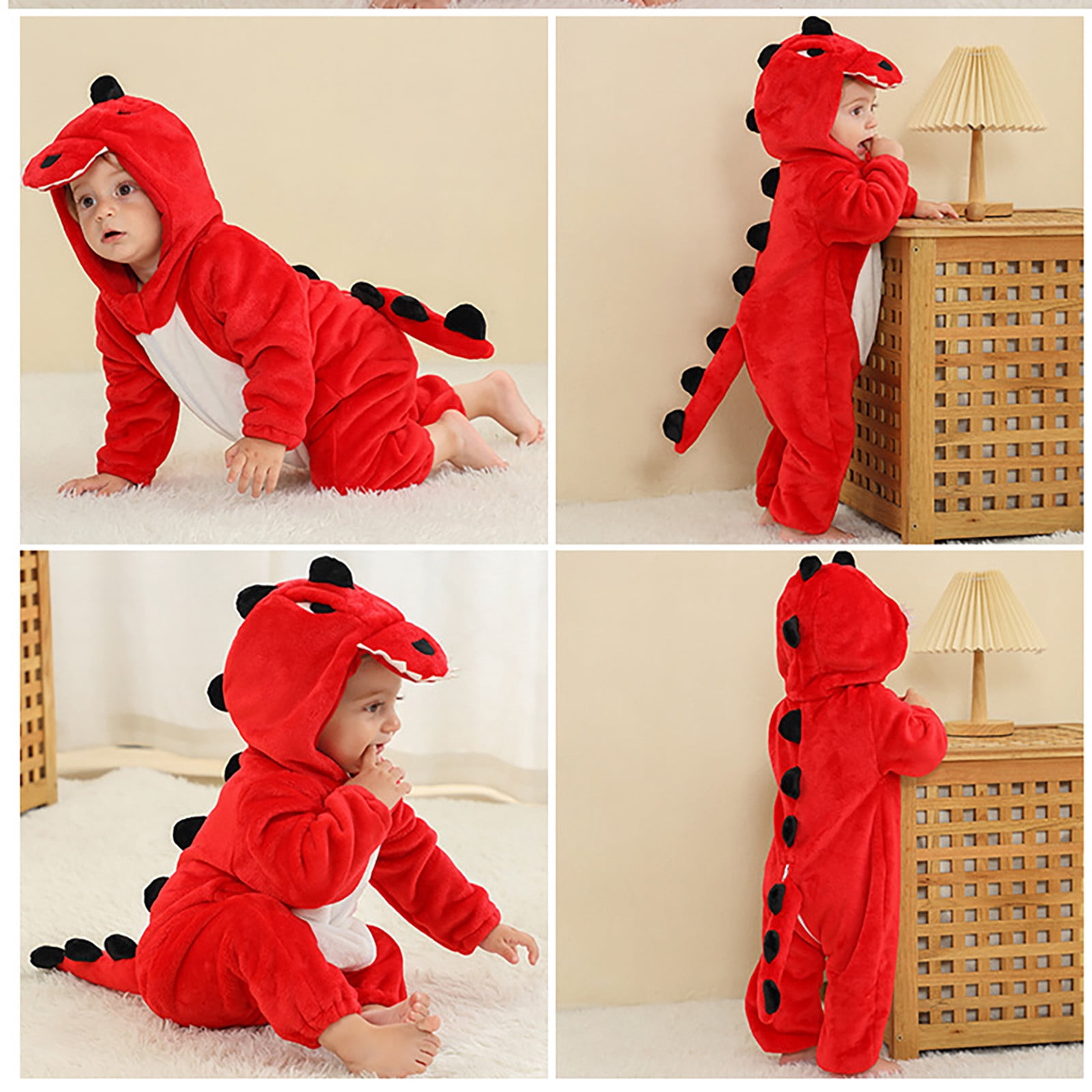 WOYY Toddler Boys Dinosaur Romper Soft Flannel Hooded Jumpsuit Zipper Onesies, Sizes 4-5T