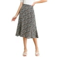 thumbnail image 5 of MODA NOVA Juniors Peasant Elastic Waist A-Line Leave Print Midi Skirt Navy XS, 5 of 5