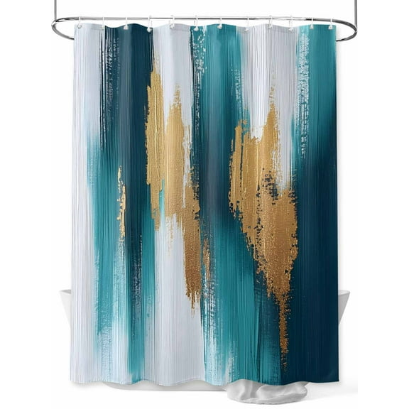 Fsddascl Abstract Teal Gold Shower Curtain Set - 36" x 78" Washable Bathtub Curtain with 12 Hooks, Green White Wall Art Textured Waterproof Fabric Stall Shower Curtains for Bathroom/Bathtub Décor
