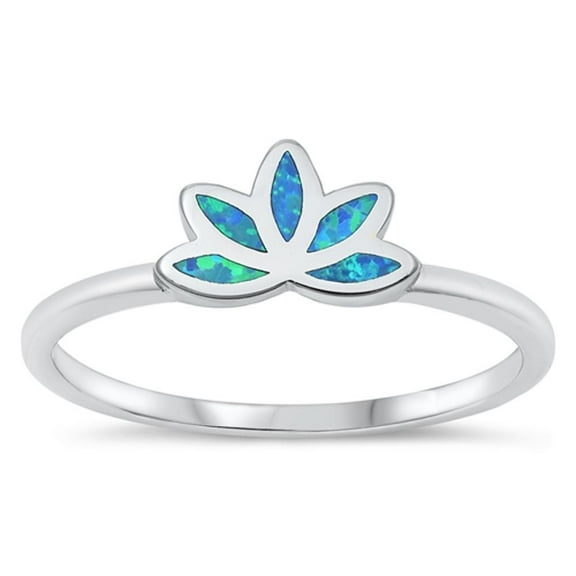 CHOOSE YOUR COLOR Blue Simulated Opal Lotus Flower Ring .925 Sterling Silver Band CZ Female Size 5