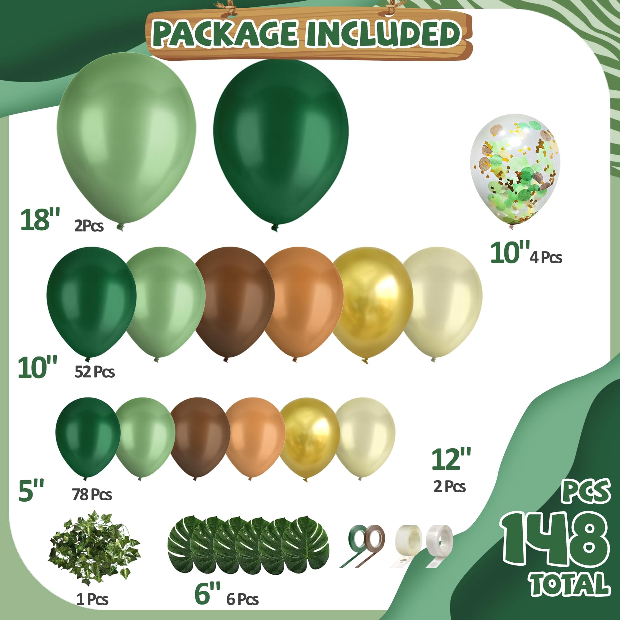 Safari Balloon Arch Kit Green Brown Jungle Garland with Animal Print Balloons Palm Leaves
