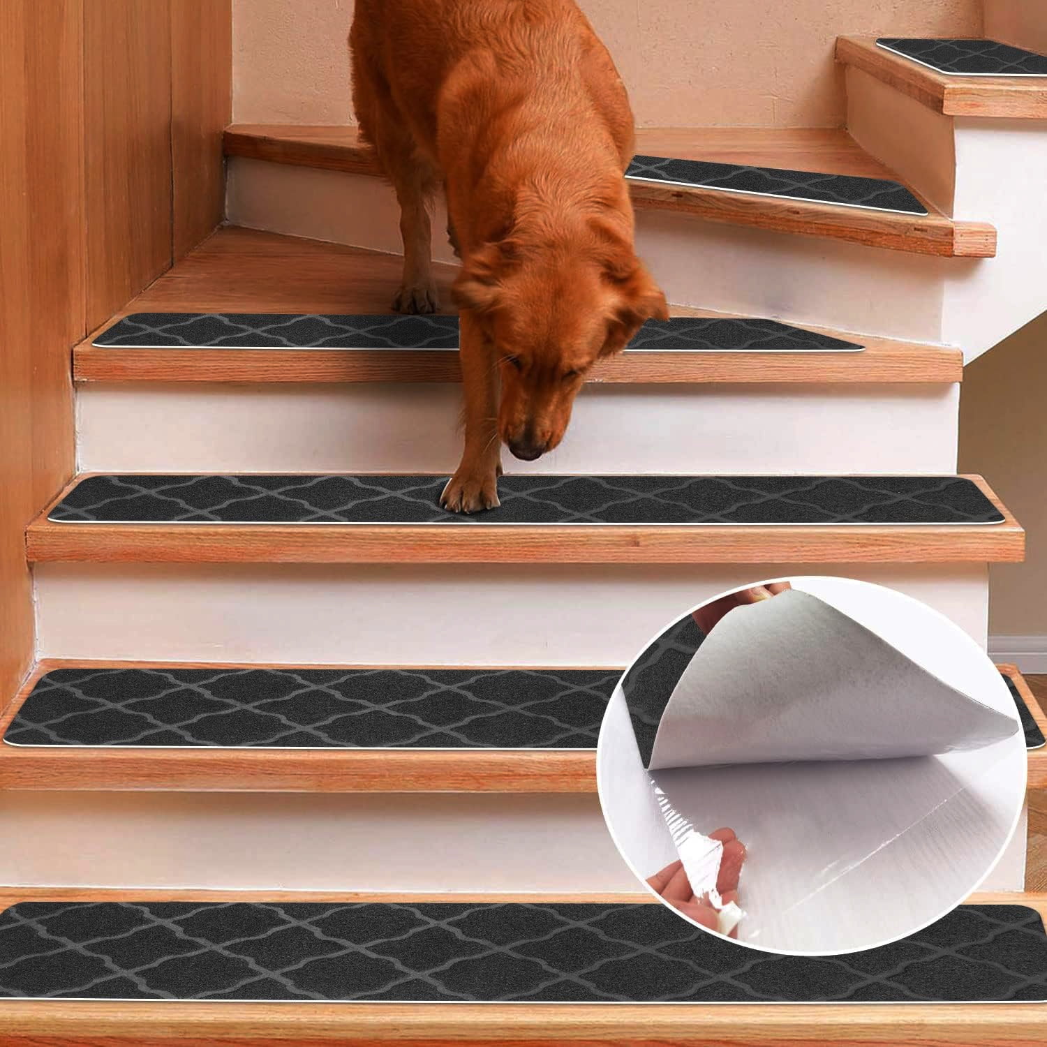 Kaskawise Carpet Stair Treads for Wooden Steps Indoor with Self Adhesive, Black Stair Carpet Treads Grip Strip, 15 Pack Stair Pads Staircase Step Treads for Elders, Kids, Pet Dog