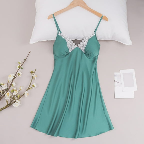 ylioge Nightgowns for Women Built in Bras Lace Splice V Neck Sleepshirts Ladies Trendy Lightweight Solid Spaghetti Strap Mini Pajama Dresses