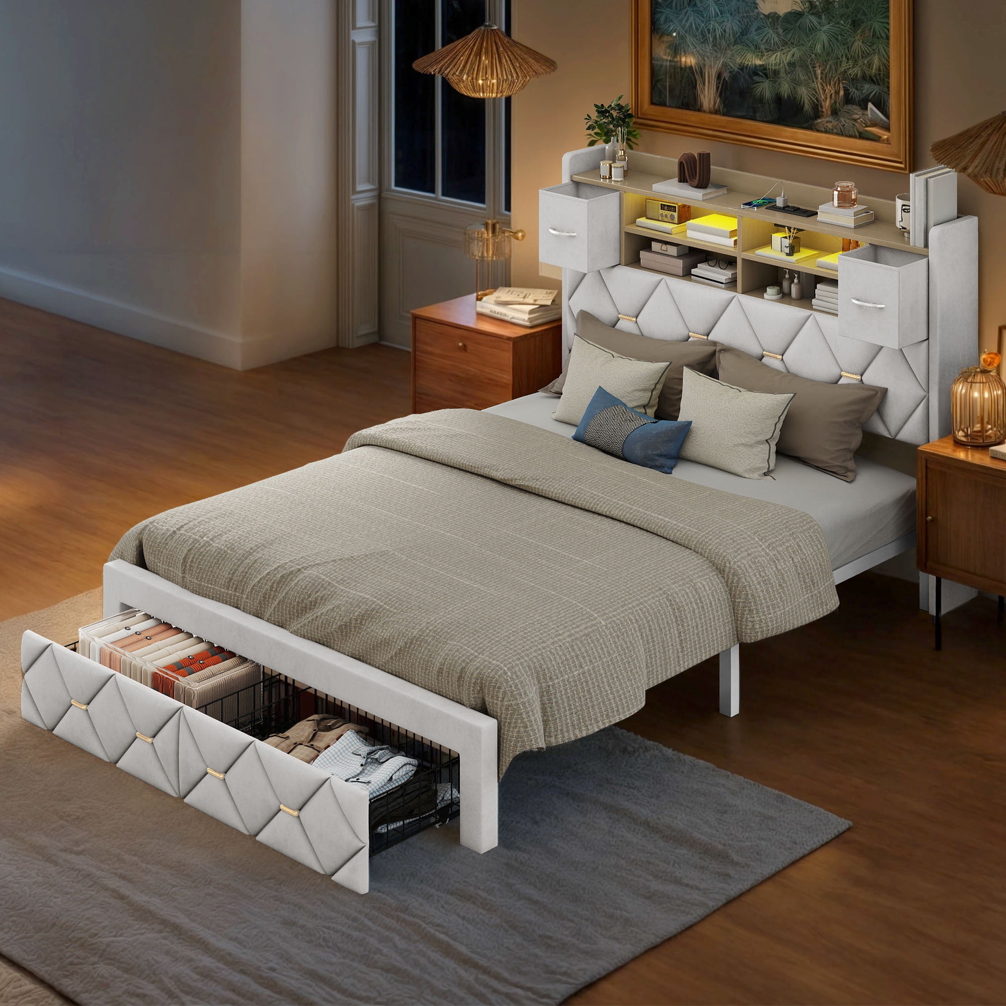 Uforic Full Size Bed Frame with Storage & Power Outlets, PU Leather Bed Frame with LED Lights, White