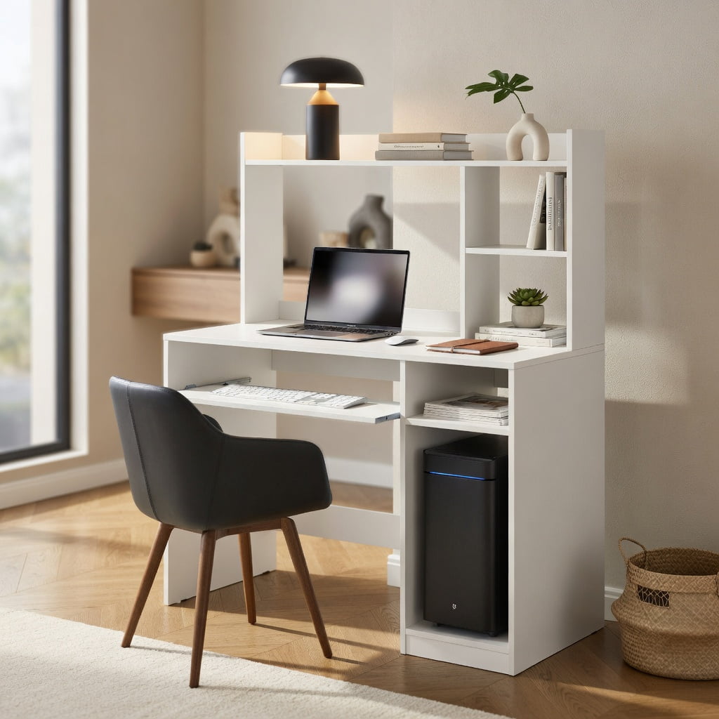 Yardi Yard Home Office Computer Desk with Bookcase Keyboard Tray and CPU Stand-White, Computer Desk, Gaming Computer Desks for Study,Working,Writing