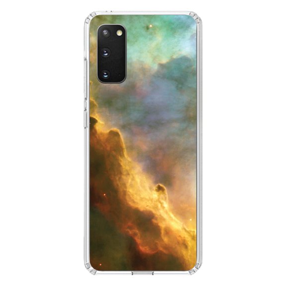 DistinctInk Clear Shockproof Hybrid Case for Galaxy S20 / S20 5G (6.2" Screen) - TPU Bumper, Acrylic Back, Tempered Glass Screen Protector - Blue Orange Red Omega Nebula - Astronomy