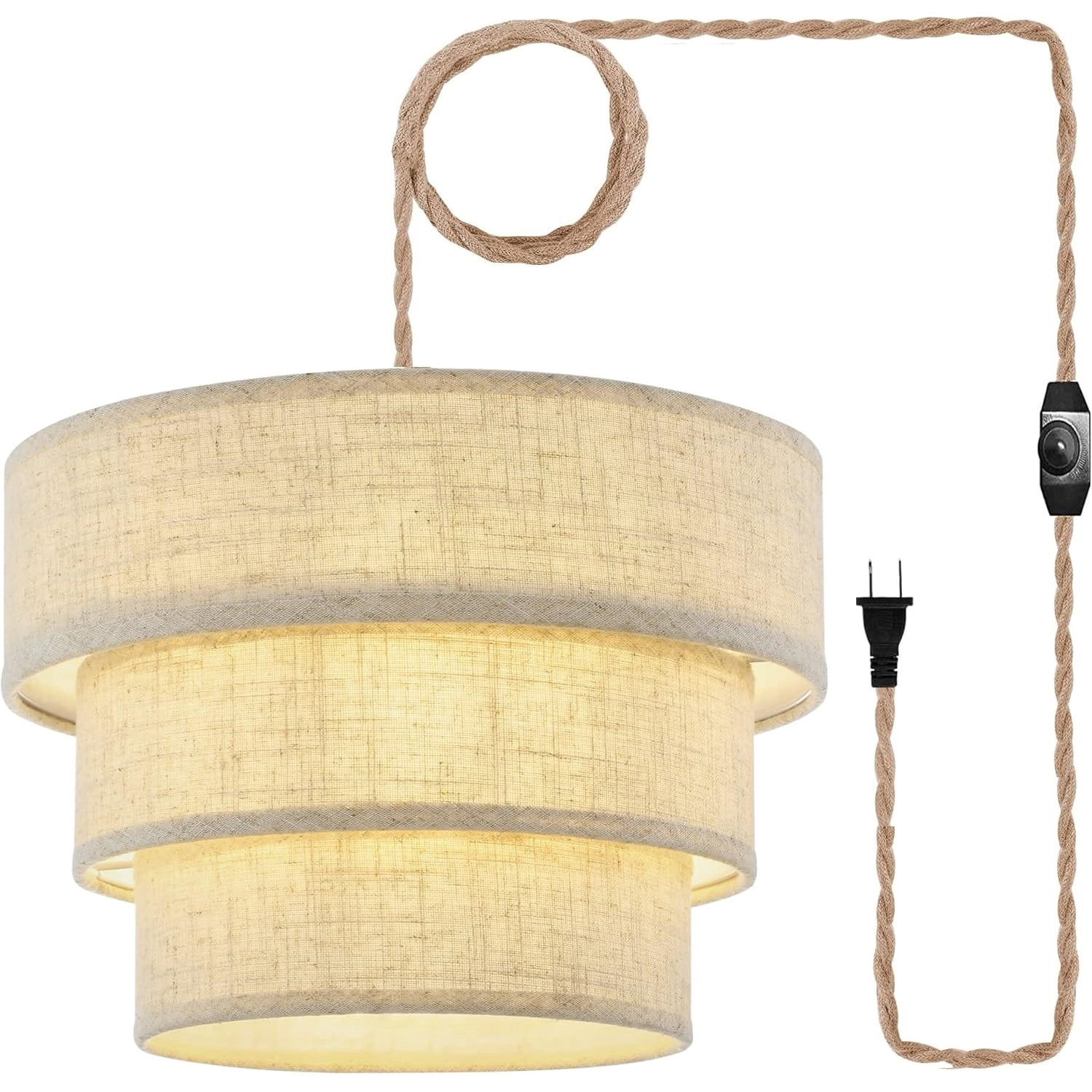 3-Tier Drum Linen Plug in Pendant Light with15ft Hemp Rope Cord E26 Dimmer Switch Hanging Lights Fixture Plug in Chandelier for Kitchen Island Dining Room Entryway Hallway-1Pack