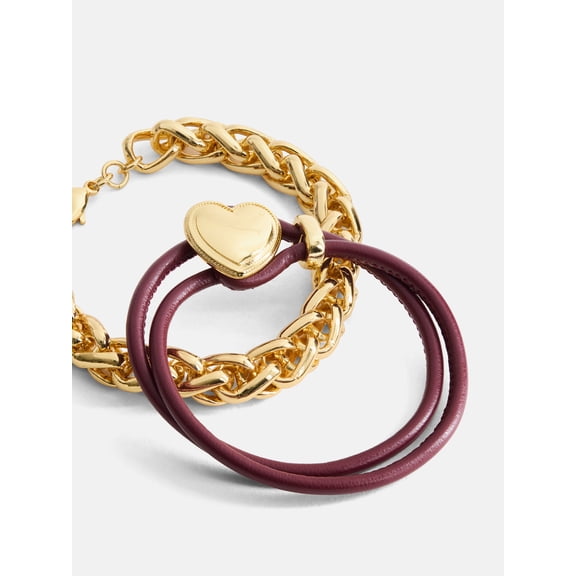 Free Assembly Women's Goldtone Chain and Faux Leather Bracelet Set, 2-Piece