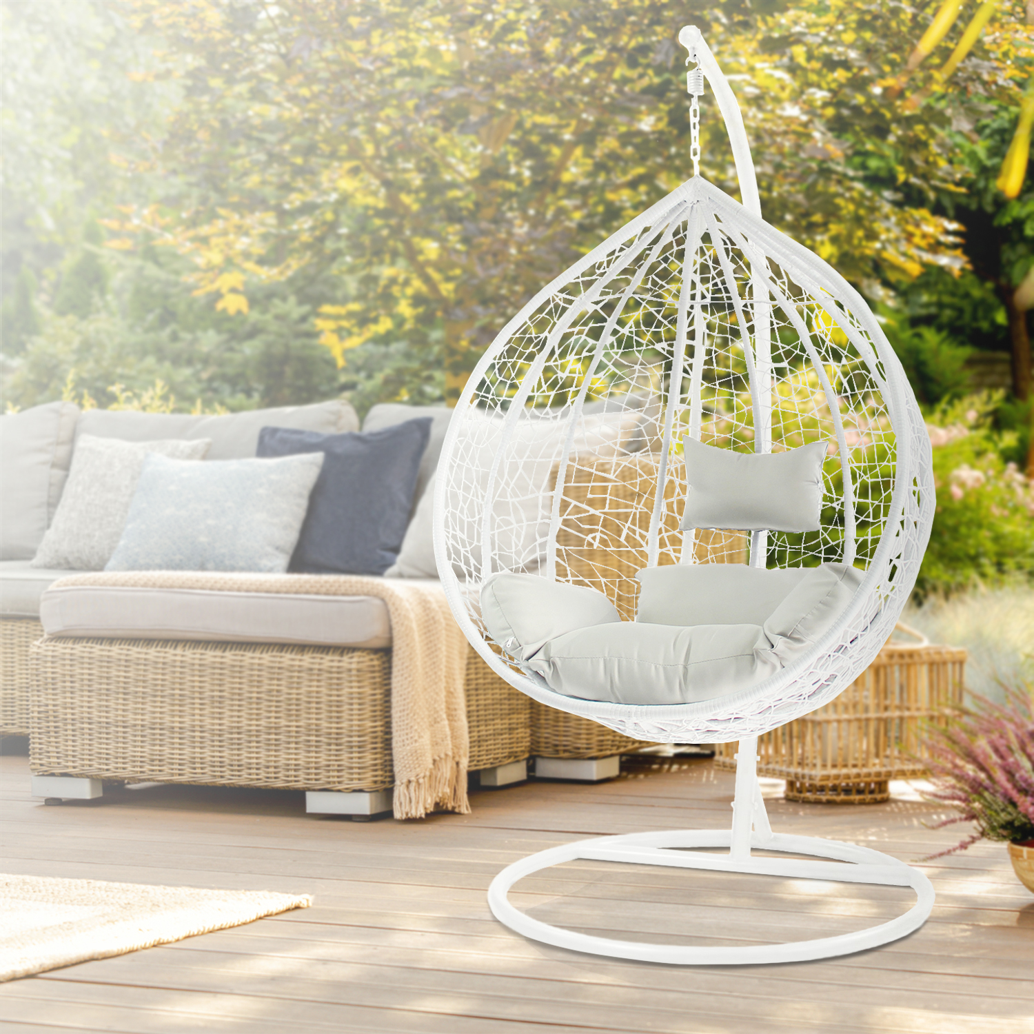 Patio Swing Chair Outdoor Wicker Tear Drop with Gray Cushion Snow White Living Room - image 3 of 8
